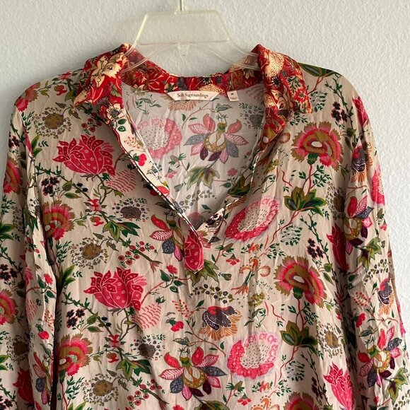 Soft Surroundings Afternoon Tea Floral Tunic Blouse Size Medium Orange Green Tan - Picture 2 of 10